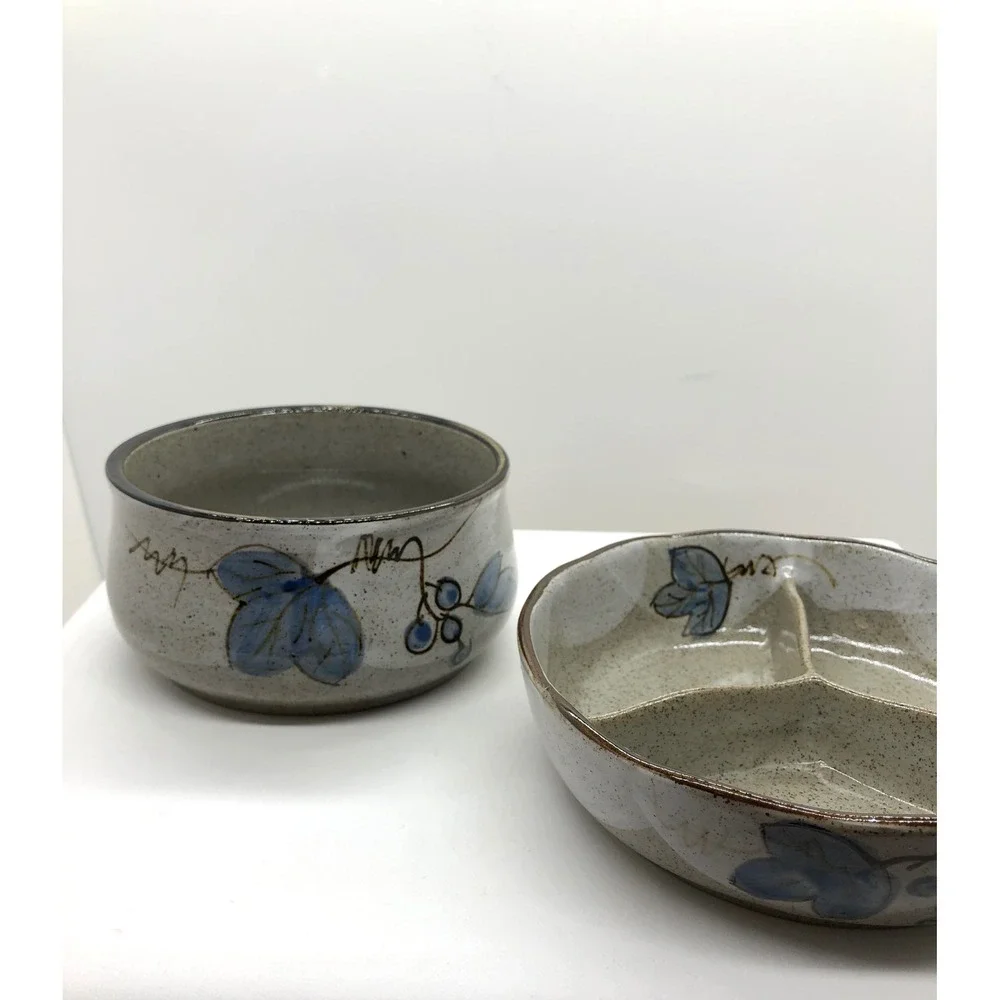 Artisan Stoneware Pottery Set‎ Blue Leaf Speckled Gray Divided Dish & Deep Bowl